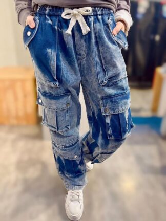 潮流多口袋設計刷色牛仔長褲