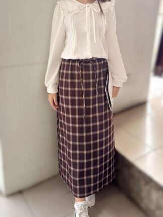 毛呢復古格紋長裙