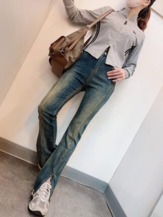 復古牛仔開岔喇叭褲