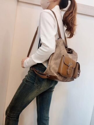 混色雙扣口袋背包(可肩背/後揹)