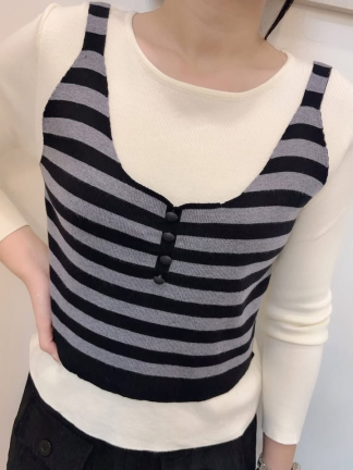 假兩件條紋長袖上衣