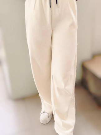 毛呢拼色休閒寬口褲