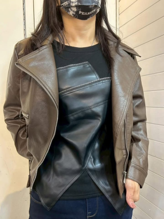 不對稱立領皮革外套