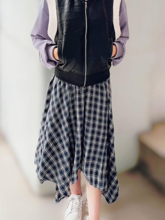 垂墜不規則格紋長裙