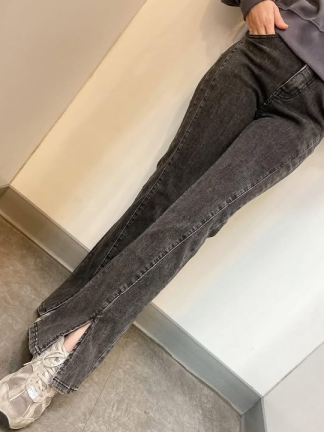 後鬆緊開叉小喇叭褲