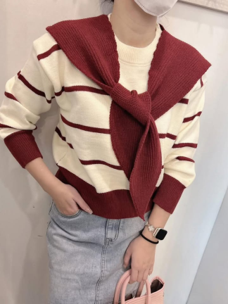 條紋針織毛衣(附披肩)