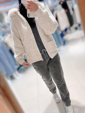 毛絨領針織拉鍊外套