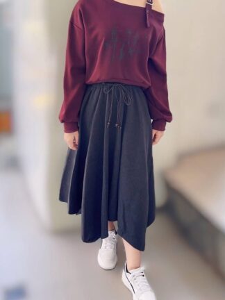 繫帶不規則毛呢長裙