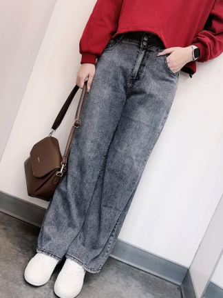 高腰雙釦直筒牛仔褲