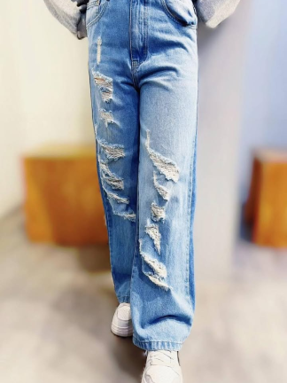 率性割破拼色牛仔寬褲