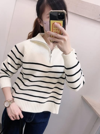 半拉鍊條紋針織上衣