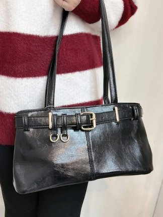 簡約金釦皮帶托特肩背包