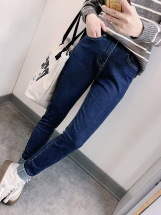 高腰修身窄管牛仔褲