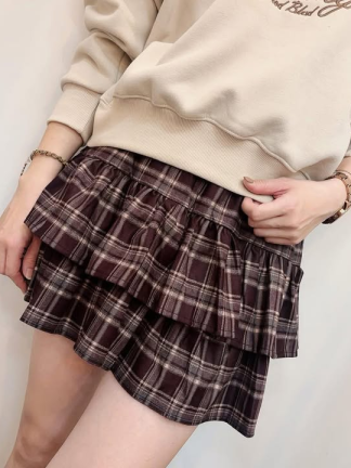 層次感格紋鬆緊蛋糕短裙