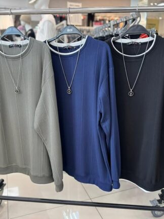 加大簡約直紋長袖上衣