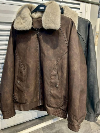 毛翻領復古皮革外套