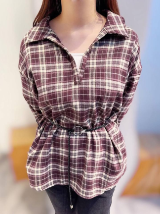 假兩件式格紋綁帶襯衫