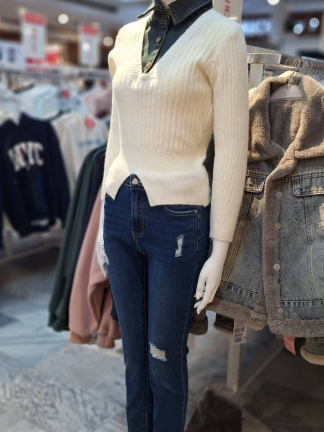 復古丹寧領假兩件織上衣