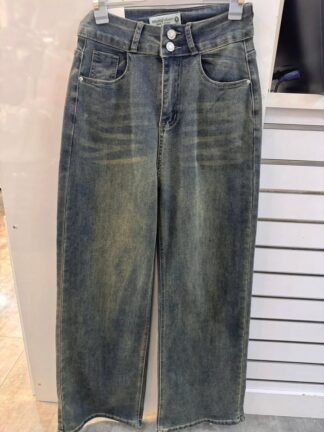 二扣刷色牛仔寬褲