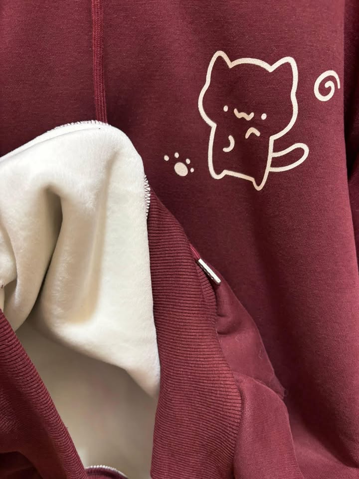 可愛貓咪撞色刷毛帽T - Image 8