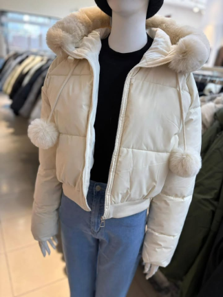 毛球抽繩短版鋪棉外套