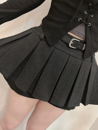 顯瘦百褶．假兩件褲裙(附皮帶)