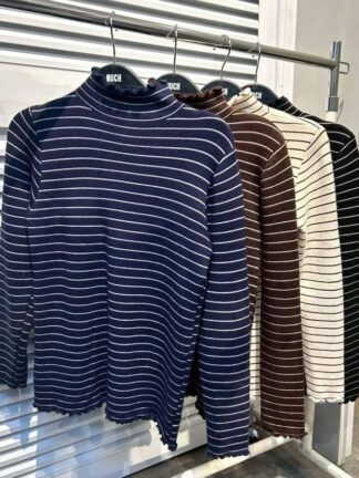 簡約條紋高領刷毛打底衫