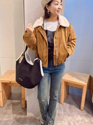 麂皮毛領造型刷毛外套