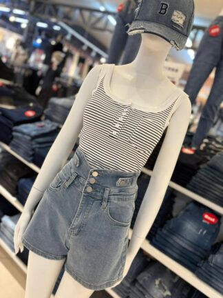 顯瘦百搭排釦條紋背心 （有罩杯）