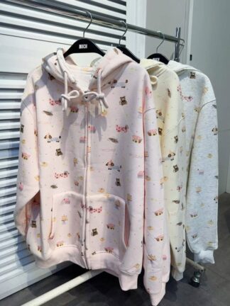 童趣塗鴉蕾絲帽邊刷毛外套