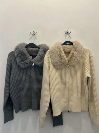 毛領針織拉鍊外套