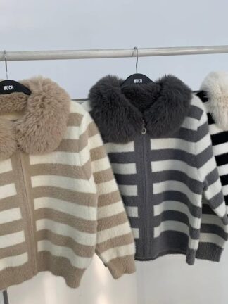 毛毛條紋外套