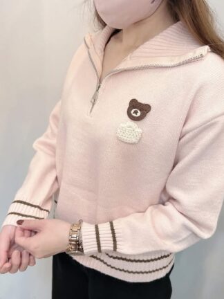 小熊刺繡半拉鍊針織上衣