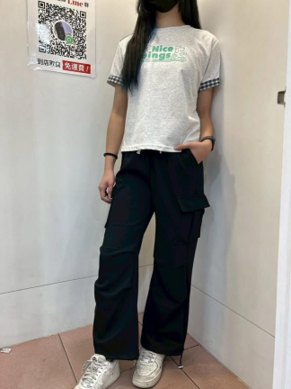 日常休閒多口袋抽繩寬褲