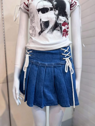 學院感綁繩百褶牛仔短裙