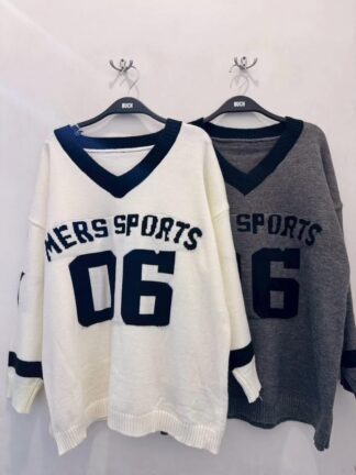 V領運動字母寬版針織上衣