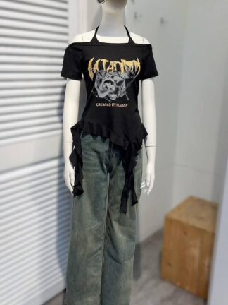 高腰雙釦顯瘦直筒牛仔褲