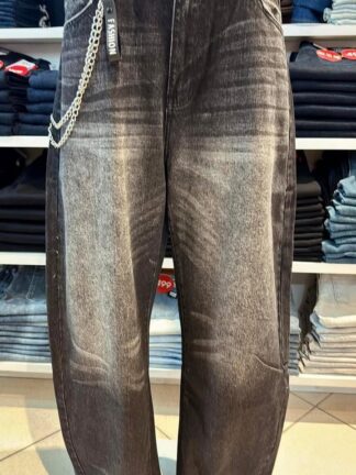 黑灰刷色鏈條牛仔寬褲