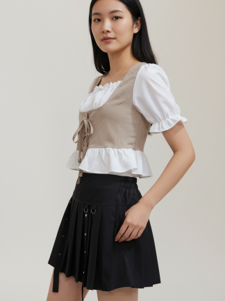 法式甜心綁帶荷葉短版上衣