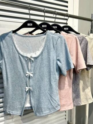 蝴蝶結蕾絲假兩件式上衣