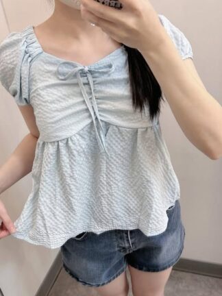 甜美泡袖.綁帶娃娃上衣