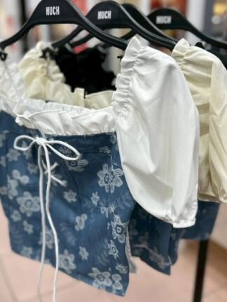 上衣｜牛仔拼接綁帶上衣