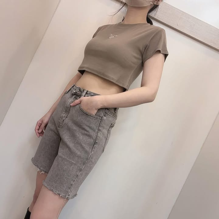 灰色高腰丹寧百慕達短褲(又稱五分褲):圖片 11