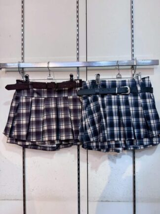 《午夜學院》高腰格紋百褶短裙（附皮帶）