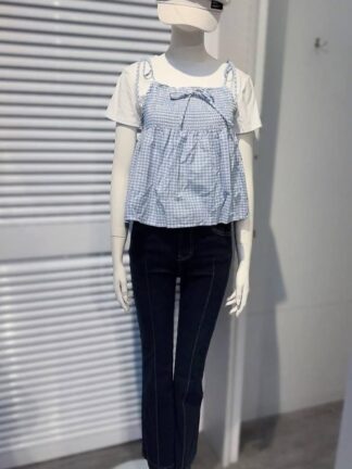 甜美清新款 吊帶格紋兩件式上衣