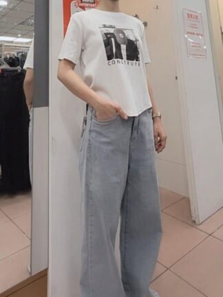 淺藍牛仔寬褲（褲管可變束口設計）