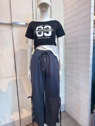 鬆緊抽繩側綁帶垂墜寬褲