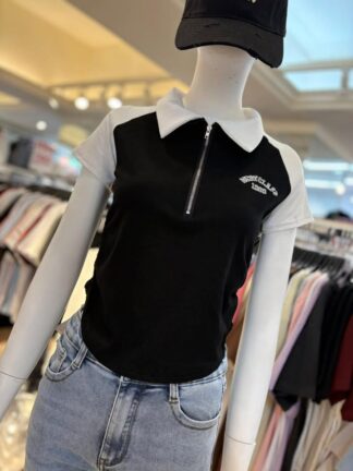 撞色拼接拉鍊有領合身上衣 ✨