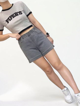 高腰感鬆緊牛仔短褲