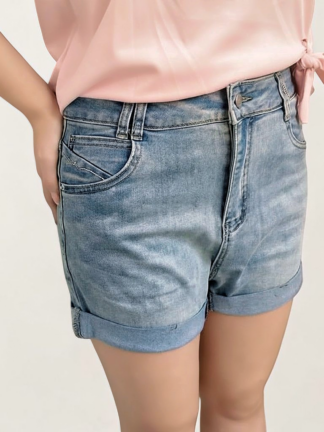 顯瘦淺藍牛仔反摺短褲